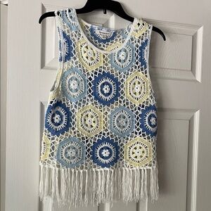 Francesca's Collections Blue and Yellow Crochet Fringe Top